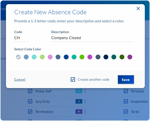 Select from pre-populated, commonly used absences codes, with option to create your own